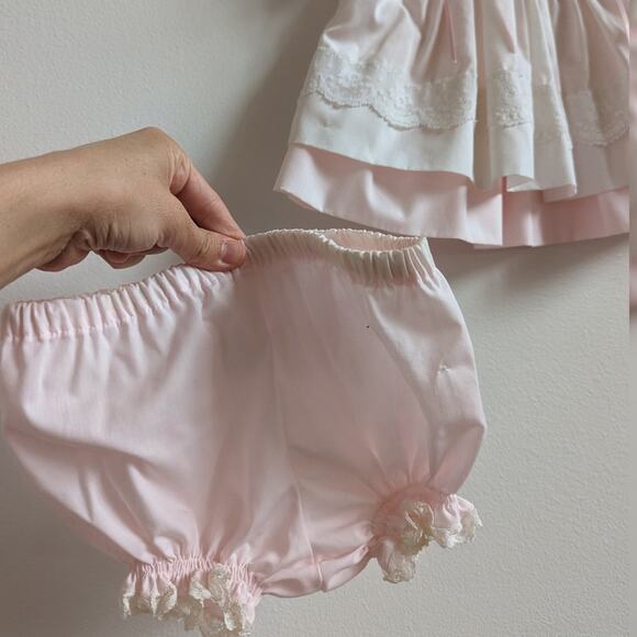 Vtg Bryan Pinafore Dress Baby Girls Sz 0-3m Pink Frilly Lace 80s Spring Easter - Picture 5 of 6